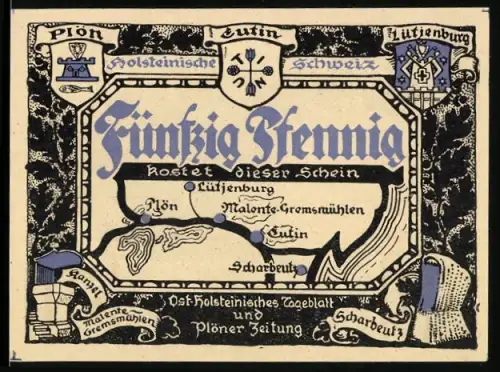 Notgeld Plön, 50 Pfennig, Karte mit Orten und Segelboot am Meer mit Gedicht