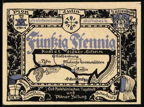 Notgeld Plön, 50 Pfennig, Landschaftsmotiv mit Plöner See und Wappen von Lüttenburg