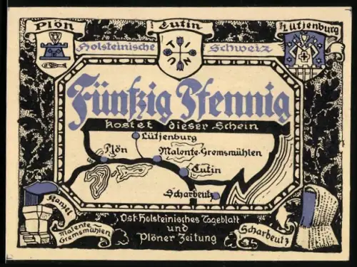 Notgeld Plön, 50 Pfennig, Karte und Uglei-See mit Boot