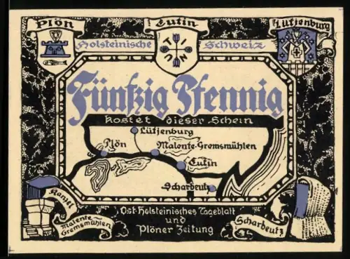 Notgeld Plön, 50 Pfennig, Karte der Region und Schloss Herrenstein im Wald