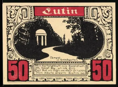 Notgeld Plön, 50 Pfennig, Tempel im Schlossgarten und Landkarte der Umgebung