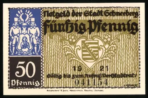 Notgeld Schneeberg 1921, 50 Pfennig, Wappen und Marktansicht mit Figuren