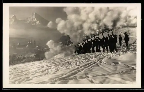 AK Berchtesgaden, Weihnachtsschiessen im Winter mit Gebirgspanorama