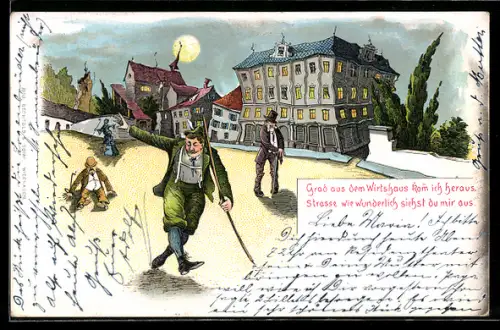 Wirtshaus-AK aus der Sicht eines Betrunkenen, betrunkene Männer vor verzerrten Gebäuden schwankend