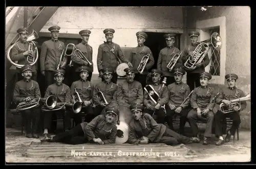 Foto-AK Musik-Kapelle Grossreifling 1931, Musiker Kesselpauker & Blasinstrumente
