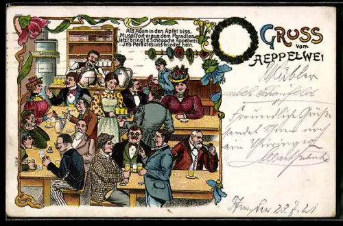 AK Menschen im Gasthaus vergnügen sich beim Apfelwein, Reklame