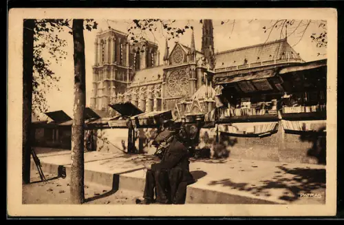 AK Paris, Künstler-Meile am Seine-Ufer gegenüber der Notre-Dame Kathedrale