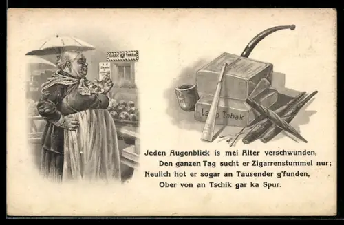 AK Ältere Dame berichtet von ihrem Leid, Tabakprodukte, Kriegsnot