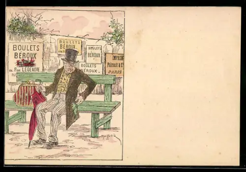 Künstler-AK Kohle, Edelmann vor Kohlen - Werbeschildern auf frisch gestrichener Bank sitzend