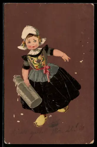 Künstler-AK Stengel & Co. Nr.: 28290, Milchbäuerin aus den Niederlanden in Tracht mit Milchkanne