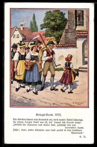 Künstler-AK A. Greiner: Kriegs-Ernte 1915, Bauern mit Sense und Apfelkorb