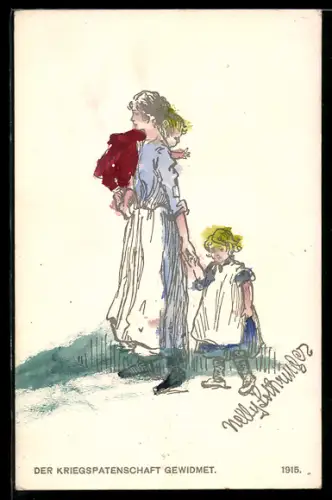 AK Kriegshilfe, Der Kriegspatenschaft gewidmet 1915, Frau trägt Kleinkind & hat Mädchen an der Hand