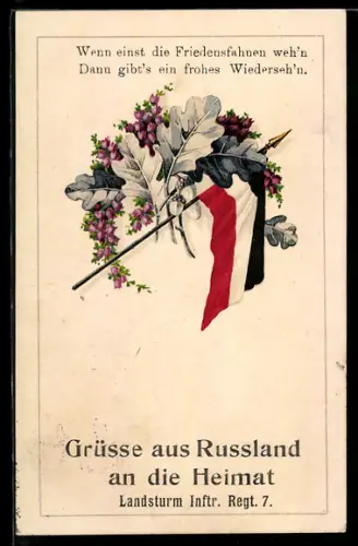 AK Landsturm Infanterie-Regiment 7, Grüsse aus Russland an die Heimat, Reichsfahne mit Blumen & Eichenlaub