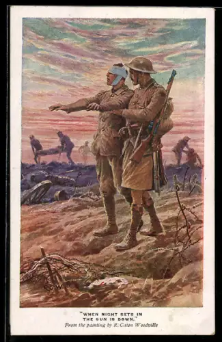 AK englischer Soldat mit einem blinden Soldaten auf dem Schlachtfeld