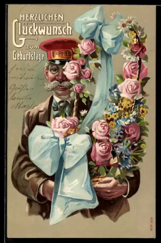 Präge-AK Page überbringt Geburtstagsgrüsse & Geschenkkorb mit Blumen