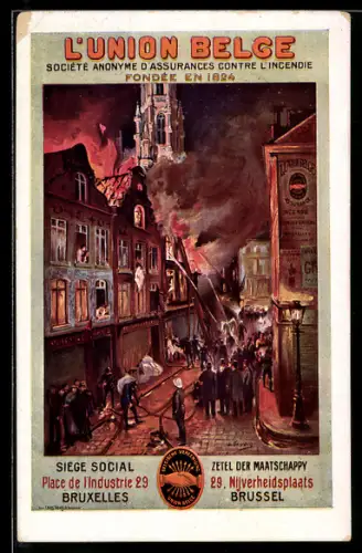 Künstler-AK Brüssel, l`Union Belge, Feuerwehrleute löschen einen Brand