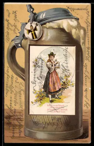 Präge-AK Brauerei, Almbäuerin auf Bierkrug abgebildet