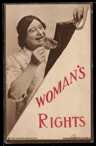 AK Emanzipation, Woman's Rights, Hausfrau findet Geldschein in der Schmutzwäsche