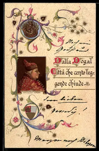 AK Venedig / Venezia, Vers mit Ornamenten & Portrait Francesco Foscari