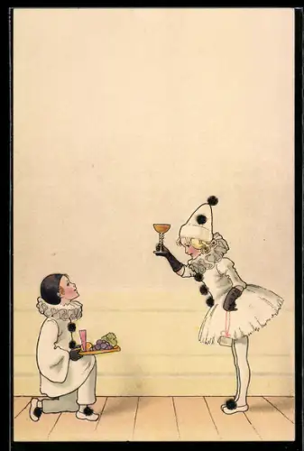 AK Harlekin mit Tablett kniet vor Harlekin mit Weinglas