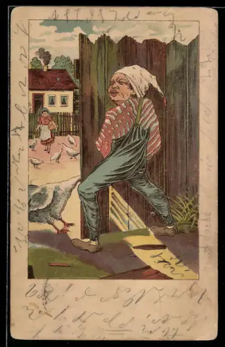 AK Toilettenhumor, Landstreicher pinkelt an einen Holzzaun