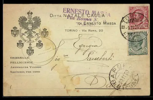 AK Torino, Cartolina commerciale con timbri e scrittura manoscritta del 1920
