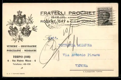 AK Torino, Cartolina commerciale Fratelli Prochet a Vetreria Moderna Verona