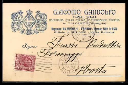 AK Torino, Cartolina commerciale Giacomo Gandolfo Vini e Olii