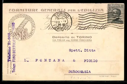 AK Torino, Corrispondenza commerciale su carta intestata con annullo del 1929