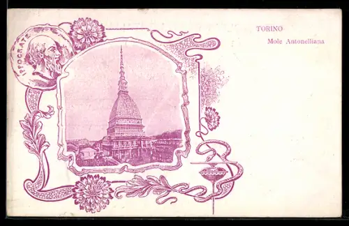 AK Torino, Mole Antonelliana con decorazioni floreali e ritratto di Ippocrate