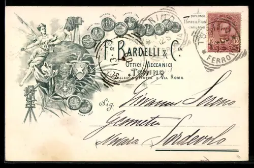 AK Torino, Cartolina d`epoca con illustrazione di figura allegorica e timbro postale