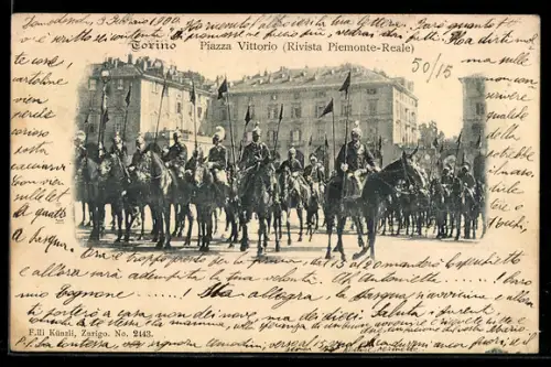 AK Torino, Piazza Vittorio, Rivista Piemonte-Reale, sfilata di cavalleria