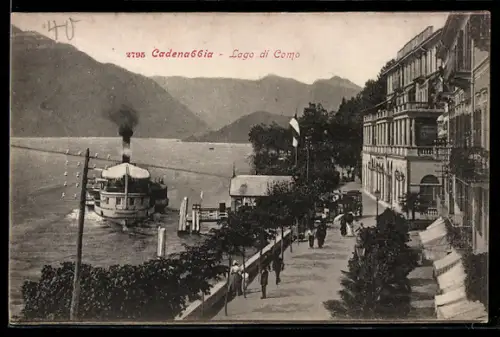 AK Cadenabbia /Lago di Como, Vista sul lago con battello e passeggiata lungo la riva