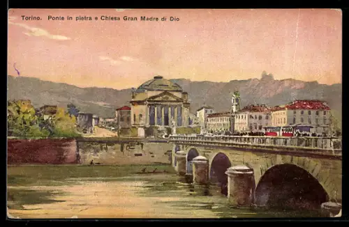Künstler-AK Torino, Ponte in pietra e Chiesa Gran Madre di Dio