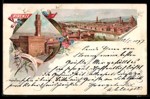 Lithographie Firenze, Palazzo Vecchio e panorama della città con fiori