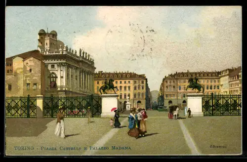 Künstler-AK Torino, Piazza Castello e Palazzo Madama