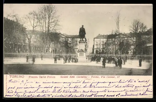 AK Torino, Piazza Carlo Felice con statua e persone passeggiando