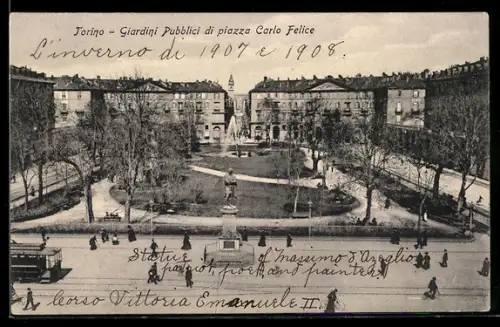 AK Torino, Giardini Pubblici di piazza Carlo Felice con la statua d`Azeglio e corso Vittorio Emanuele II