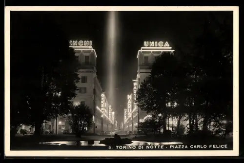 AK Torino, Piazza Carlo Felice di notte con insegne luminose
