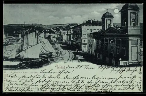 Mondschein-AK Trieste, San Nicolo e Riva Carciotti con navi e chiesa al tramonto