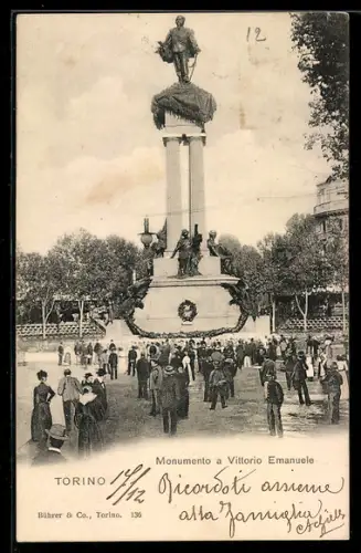 AK Torino, Monumento a Vittorio Emanuele con folla di visitatori