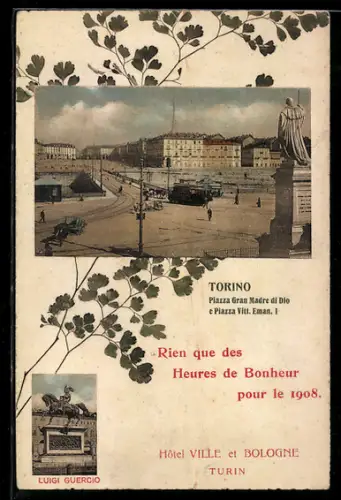 AK Torino, Piazza Gran Madre di Dio e Piazza Vitt. Eman. I con tram e statua