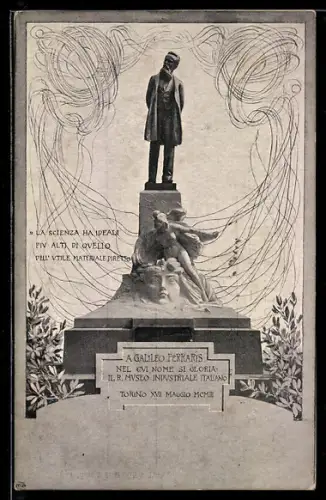 AK Torino, Monumento a Galileo Ferraris con citazione scientifica