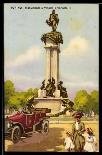 AK Torino, Monumento a Vittorio Emanuele II con auto d`epoca e passanti