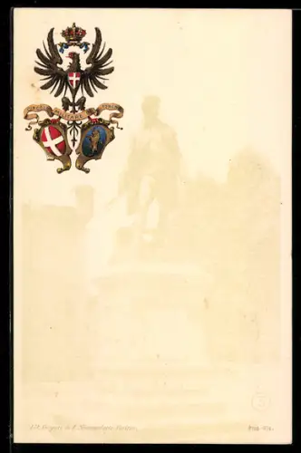 AK Torino, Lit. Dogen de L. Simondetti, Statua in un parco con stemma araldico