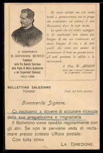 AK Torino, Bollettino Salesiano con D. Giovanni Bosco e testo di ringraziamento