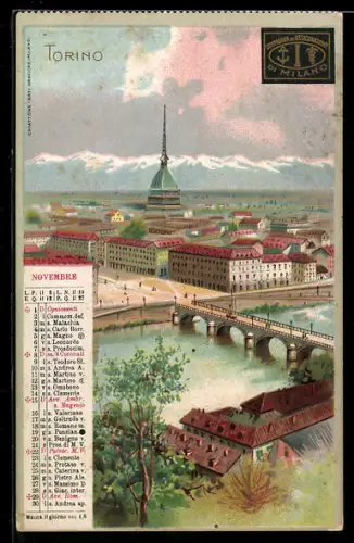AK Torino, Vista della Mole Antonelliana e del ponte sul fiume Po con calendario novembre