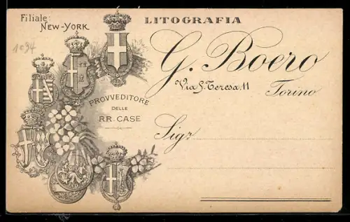 AK Torino, Litografia G. Boero con stemmi araldici e indirizzo, Via S. Teresa 11