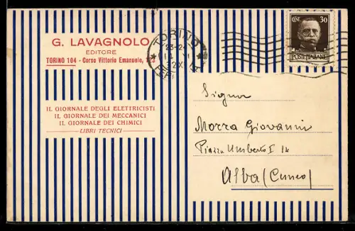 AK Torino, G. Lavagnolo, Corso Vittorio Emanuele, Cartolina editoriale con strisce blu e indirizzo manuscritto