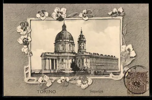 AK Torino, Basilica di Superga con cornice floreale